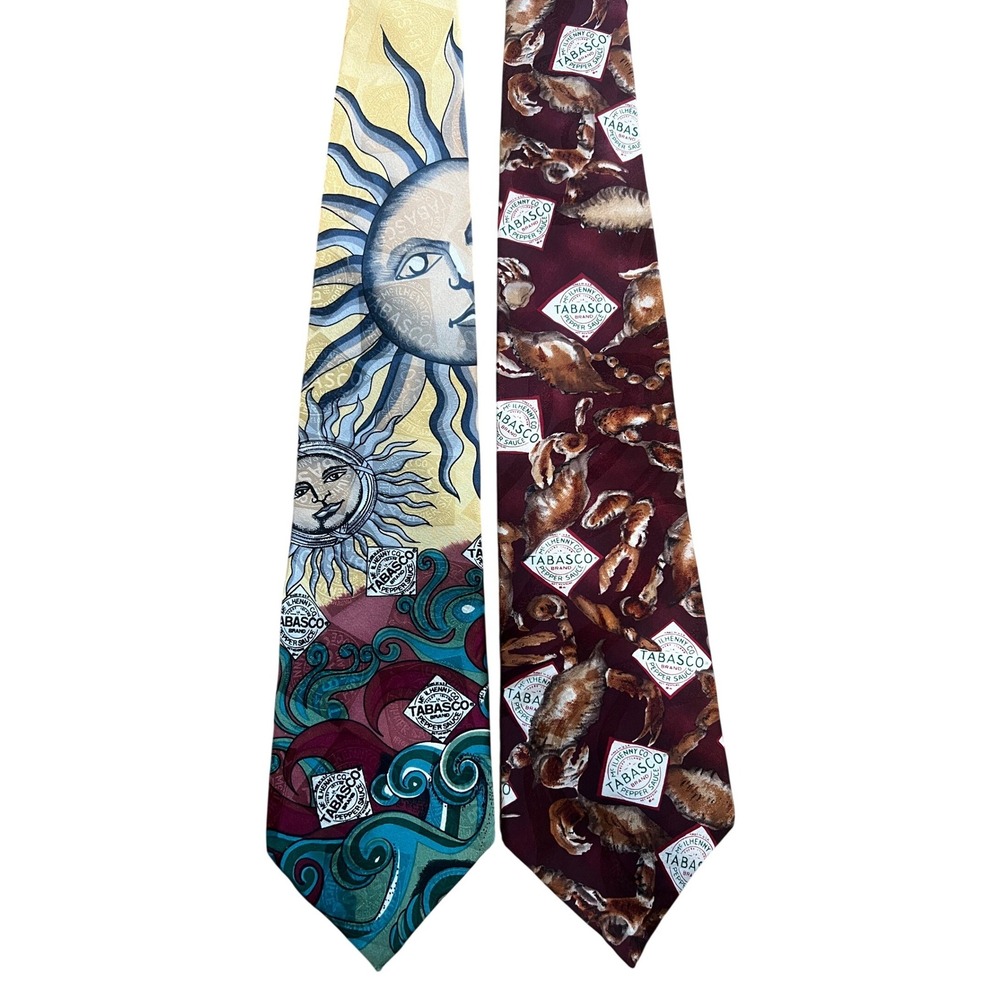 LOT OF 2 Tabasco Vintage Novelty Silk Necktie USA Sun Moon Crawfish Red Teal